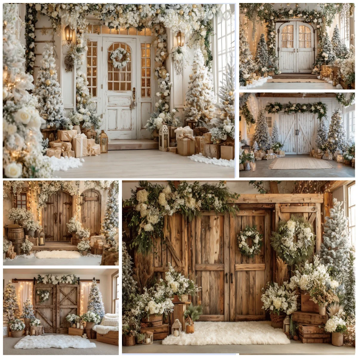 

Christmas Backgrounds For Photographs Christmas Tree White Wooden Door Winter Snow Decorations Christmas Photography Backdrop