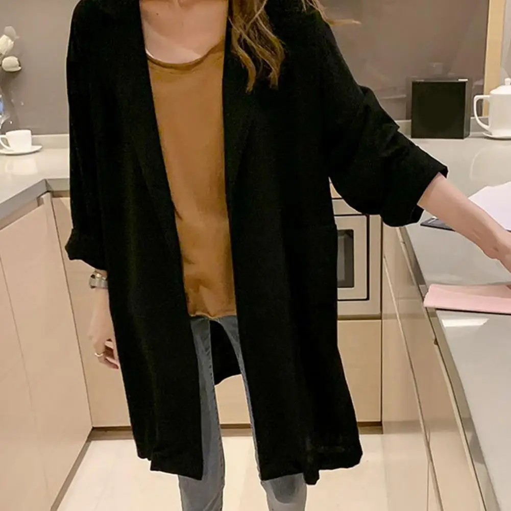 Women Lapel Collar Coat Retro-inspired Mid-length Coat for Women Lapel Long Sleeve Single-breasted with Pockets for Spring