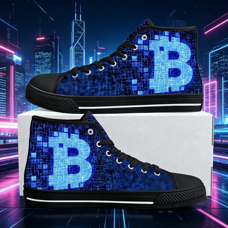 Bitcoin Blockchain Theme High Top Sneakers Cryptocurrency Design Cushion Sole Unisex Sneakers
