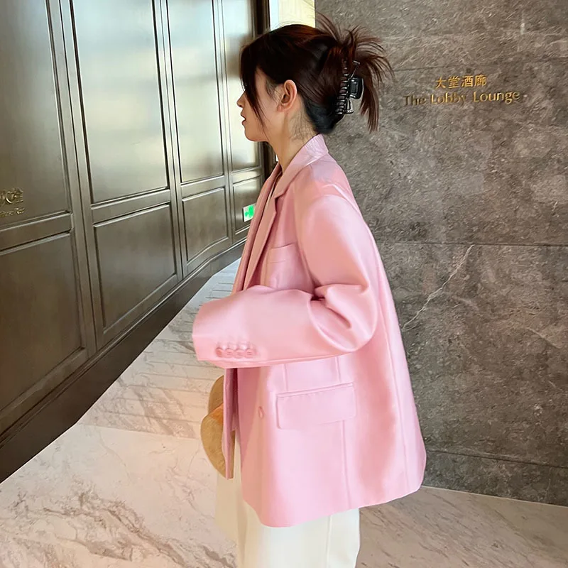 Imagem -03 - Vintage Casual Textura de Seda Rosa Terno Cabolsa Primavera Feminino Solto Duplo Breasted Entalhado Colarinho Manga Longa Feminino Blazers Outwear