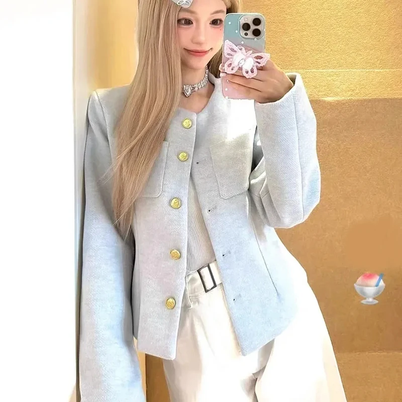 French Blue Chic Crop Coats Women Elegant Small Fragrance Office Lady Jacket Long Sleeve O Neck Casual Button Slim Gentle Tops