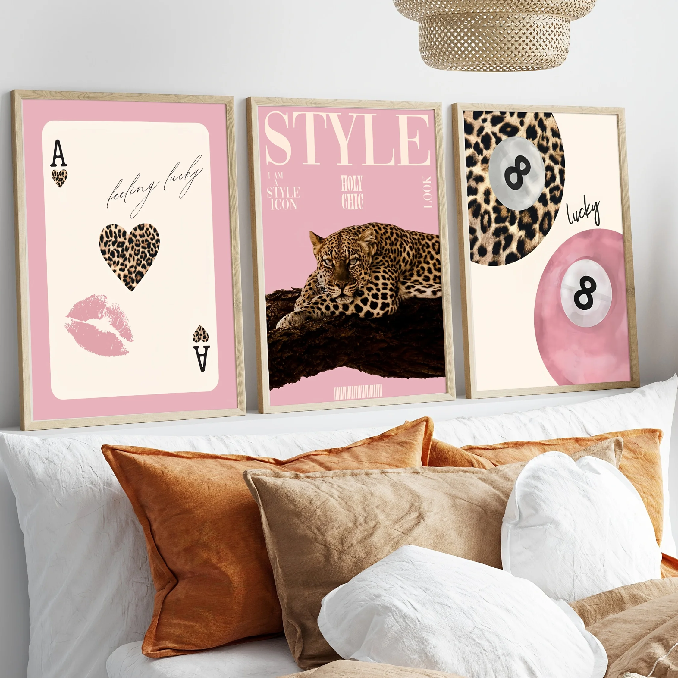 3 قطعة/المجموعة أزياء ليوبارد والفهد قماش طباعة الوردي فتاة محظوظ 8 الكرة ملصق فني لغرفة المعيشة الحديثة ديكور المنزل الهدايا