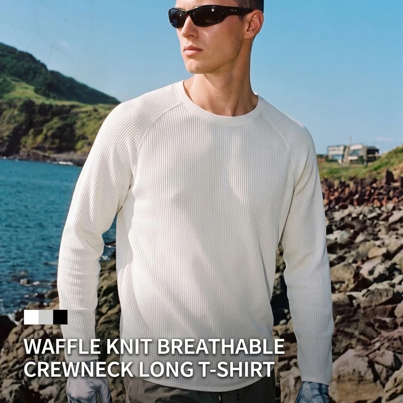 Men's Breathable Waffle Knit Long Sleeve T-Shirt - Lightweight Textured Crew Neck Top for Autumn Layering & Casual Wear