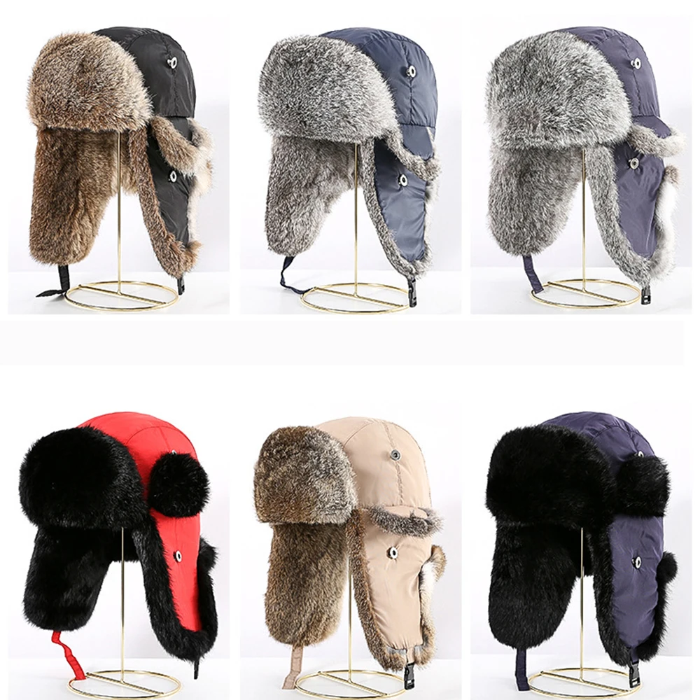 Unisex Winter Real Rabbit Fur Bomber Hat Natural Full Pelt Rabbit Fur Cap Russian Lady Outdoor Warm 100% Genuine Rabbit Fur Hats