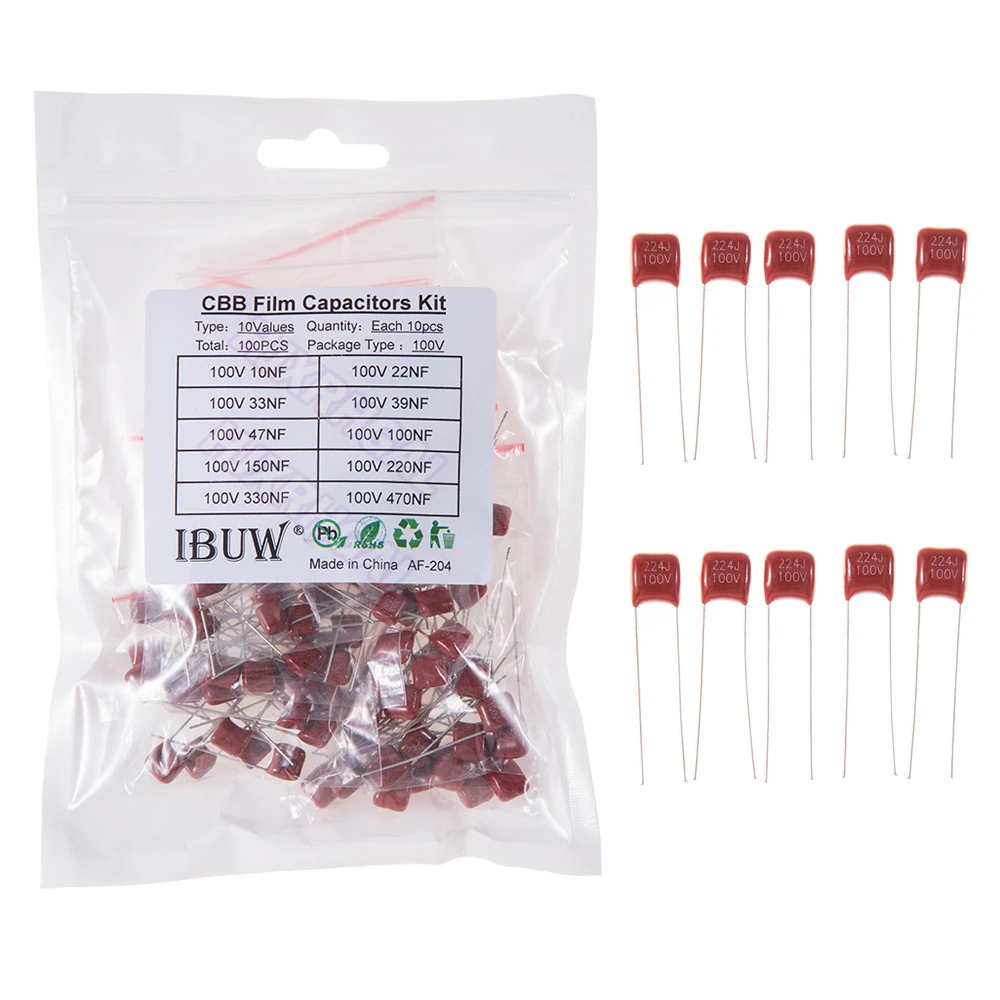 

KIT 100PC=10value*10PCS Metallized Polyester Film Capacitors CBB Assortment Kit 100V 10nF ~ 470nF