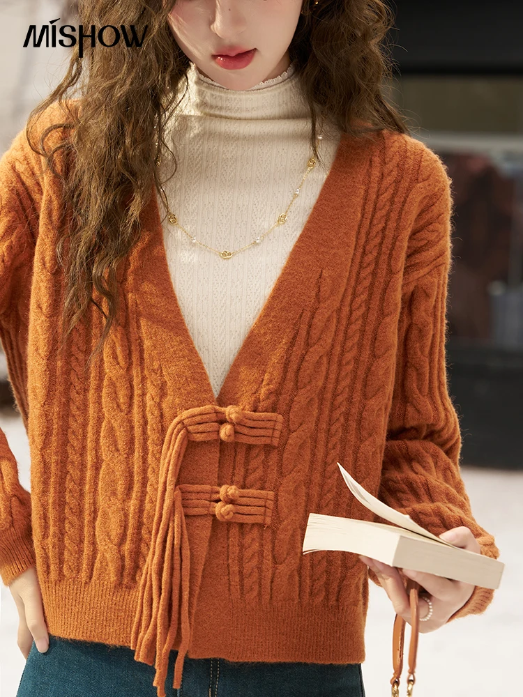 MISHOW V-neck Knitted Sweater Cardigan Women Autumn Winter New Year Knitwears Ladies Loose Twist Jumpers Top Woman MXC58Z0479