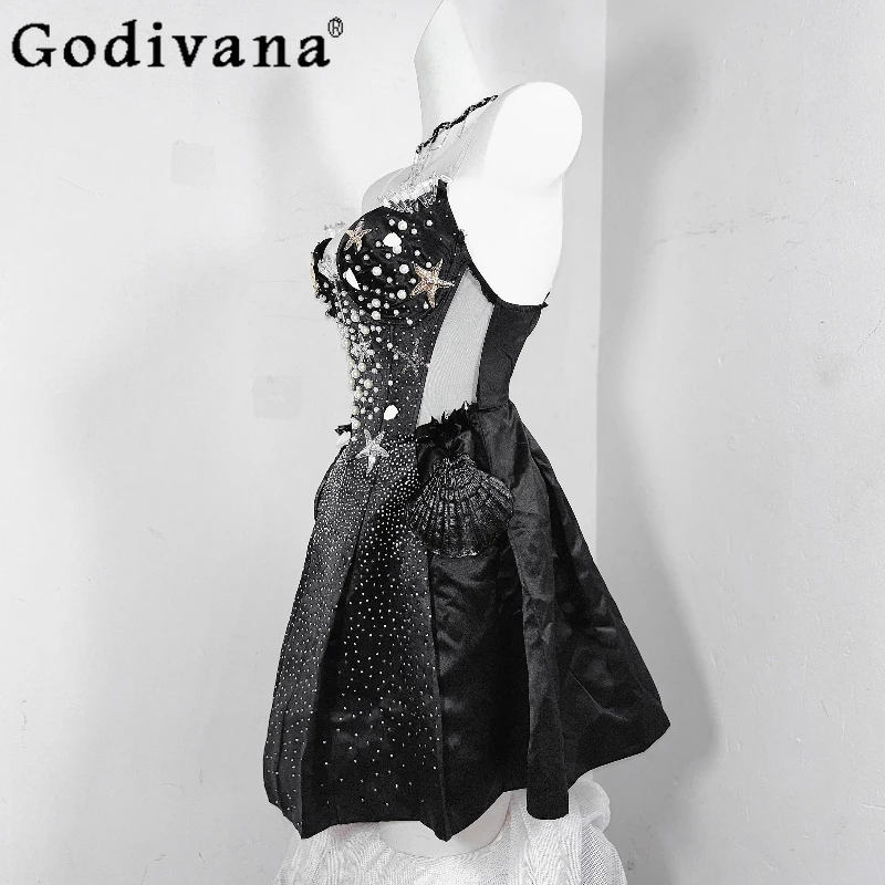 Mini abito originale con diamanti gotici neri puri Abito corto da festa fatto a mano da donna Abito da banchetto estivo senza maniche femminile