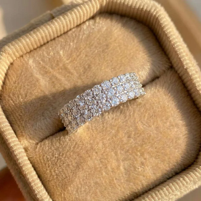 

925 Sterling Silver Exquisite Three Rows Shining Zircon Ring for Women Anniversary Wedding Gift Fashion Trend Luxury Jewelry