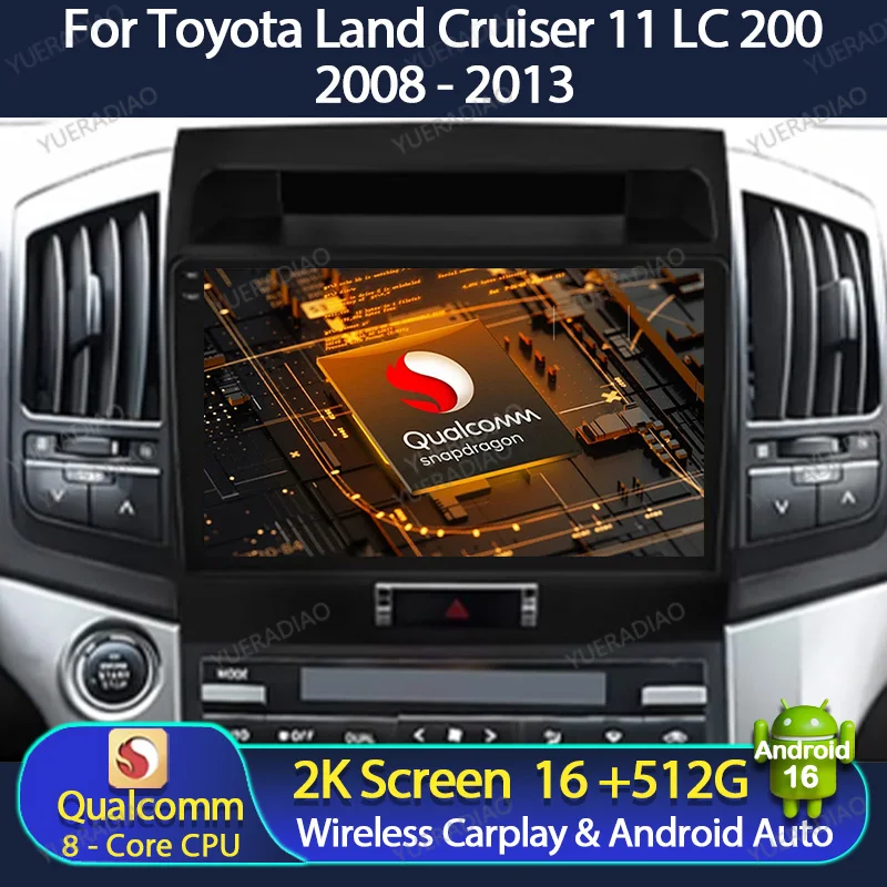Android 16 Car Radio For Toyota Land Cruiser 11 LC 200 2008 - 2013 QLED Multimedia Stereo Video Player 2DIN GPS NAVI BT 4G WIFI