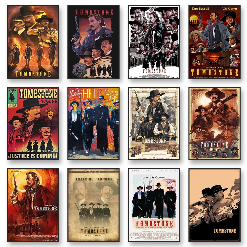 Pôster do filme Tombstone, impressão de arte ocidental vintage, decoração de parede, Kurt Russell, Val Kilmer, pintura em tela, presente para fãs de filmes, acessório para casa