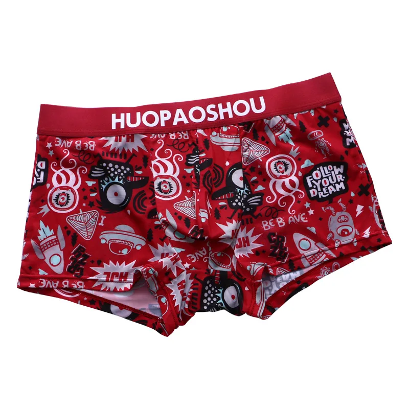 Fashion Boxer Short for Men Convex Pouch Underwear Youth Printed Breathable Ice Silk Pantie Male Comfortable Breathable Lingerie