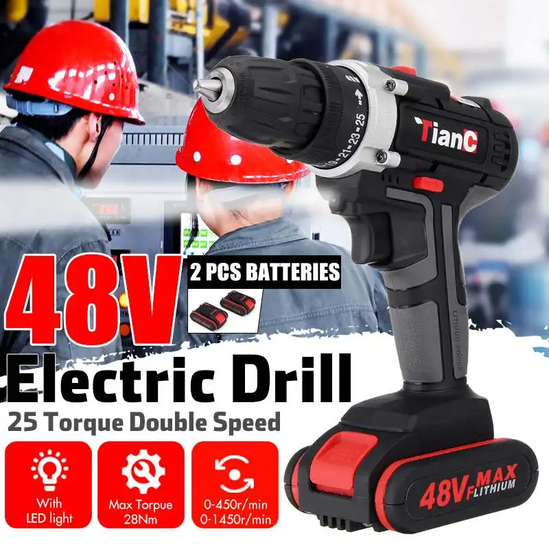 

48V Cordless Drill Electric Screwdriver Hammer Drill 25-28Nm Torque Power Screw Driver Power Tools with 1/2Pcs Li-ion Battery