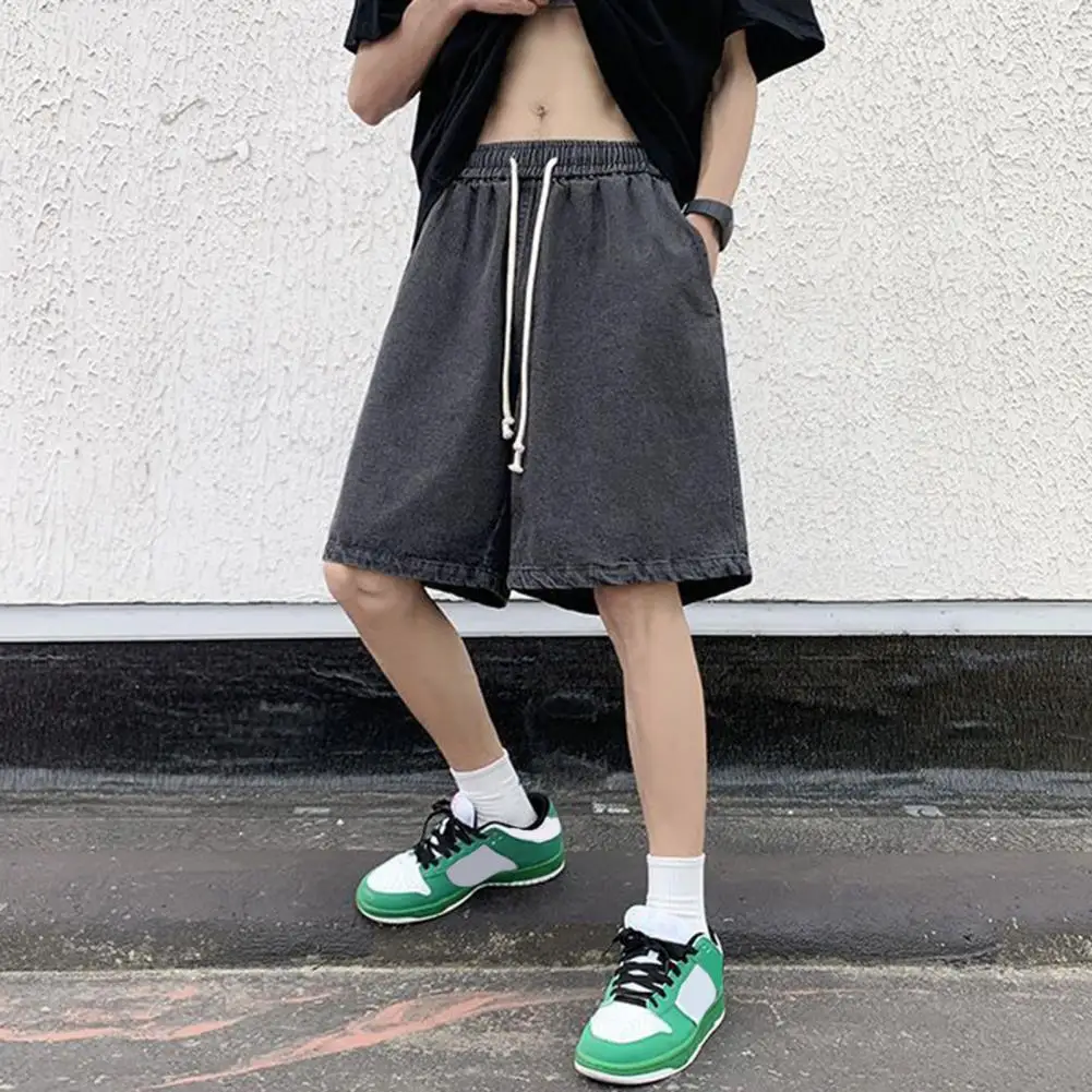 Elastic Waistband Denim Shorts Wide Leg Men's Denim Shorts Elastic Waistband Adjustable Drawstring Casual Loose Fit Stylish Thin