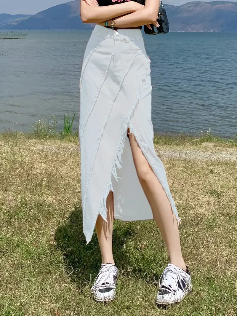 

Women's High Waist Split Denim Look Maxi Skirt Elegant A-Line Skirts for All Seasons