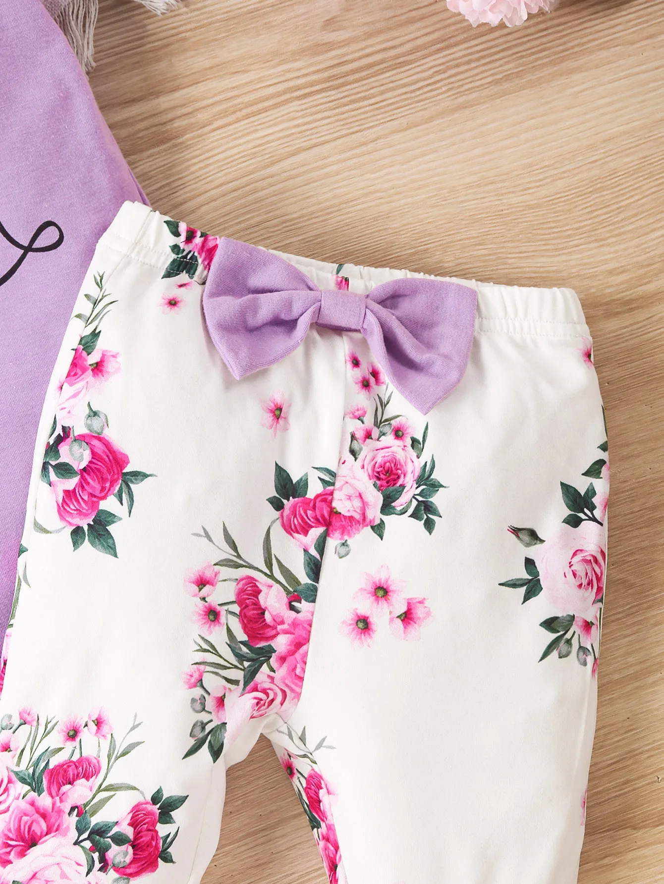 Baby Girl Summer Casual Cute Letter Print Small Flying Sleeve Triangle Top + Floral All-Over Printed Bow Bell Bottoms + Headscarf Three-Piece Set