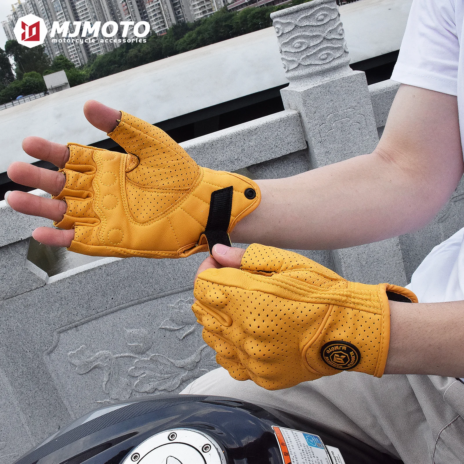 

with CE Certification Retro Half Finger Motorcycle Gloves Vintage Leather Bicycle Cycling Motorbike Fingerless Summer Breathable