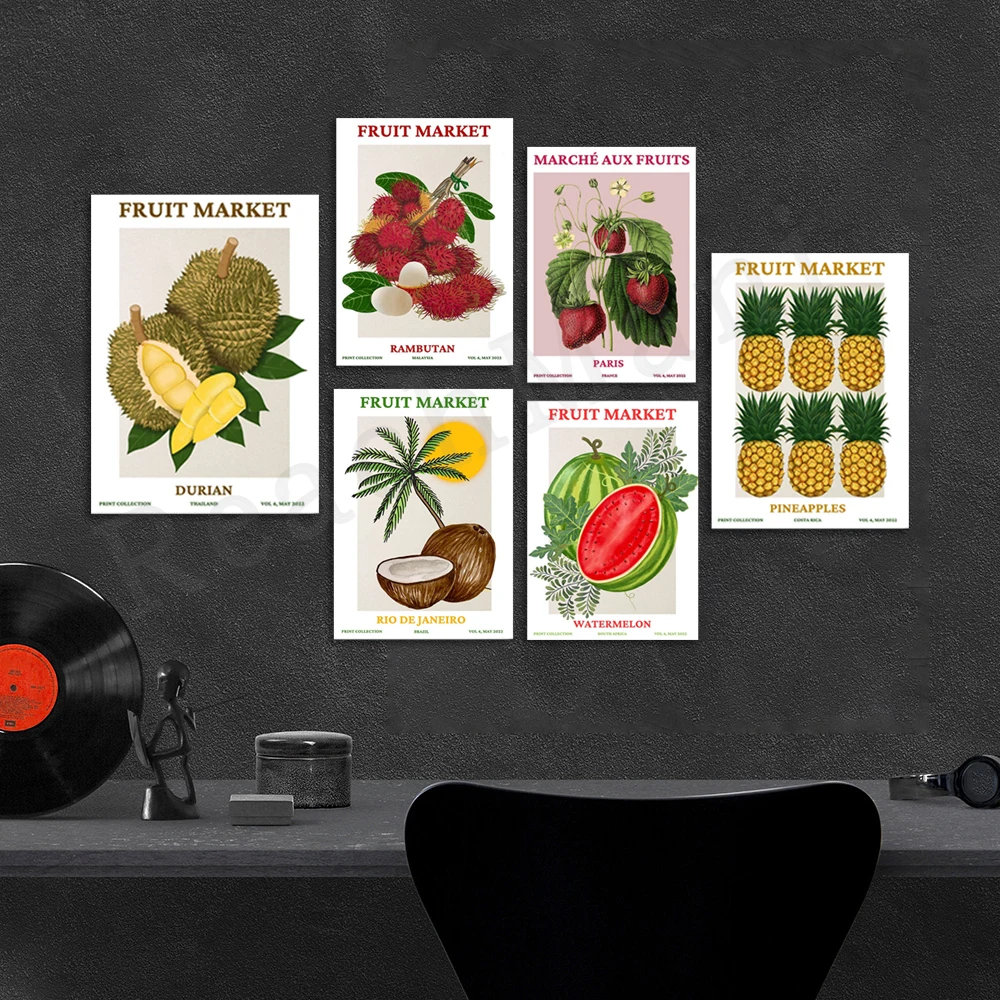 Fruit market botanical poster, exotic fruits blueberry, durian, strawberry, coconut, strawberry, pineapple kitchen decoration
