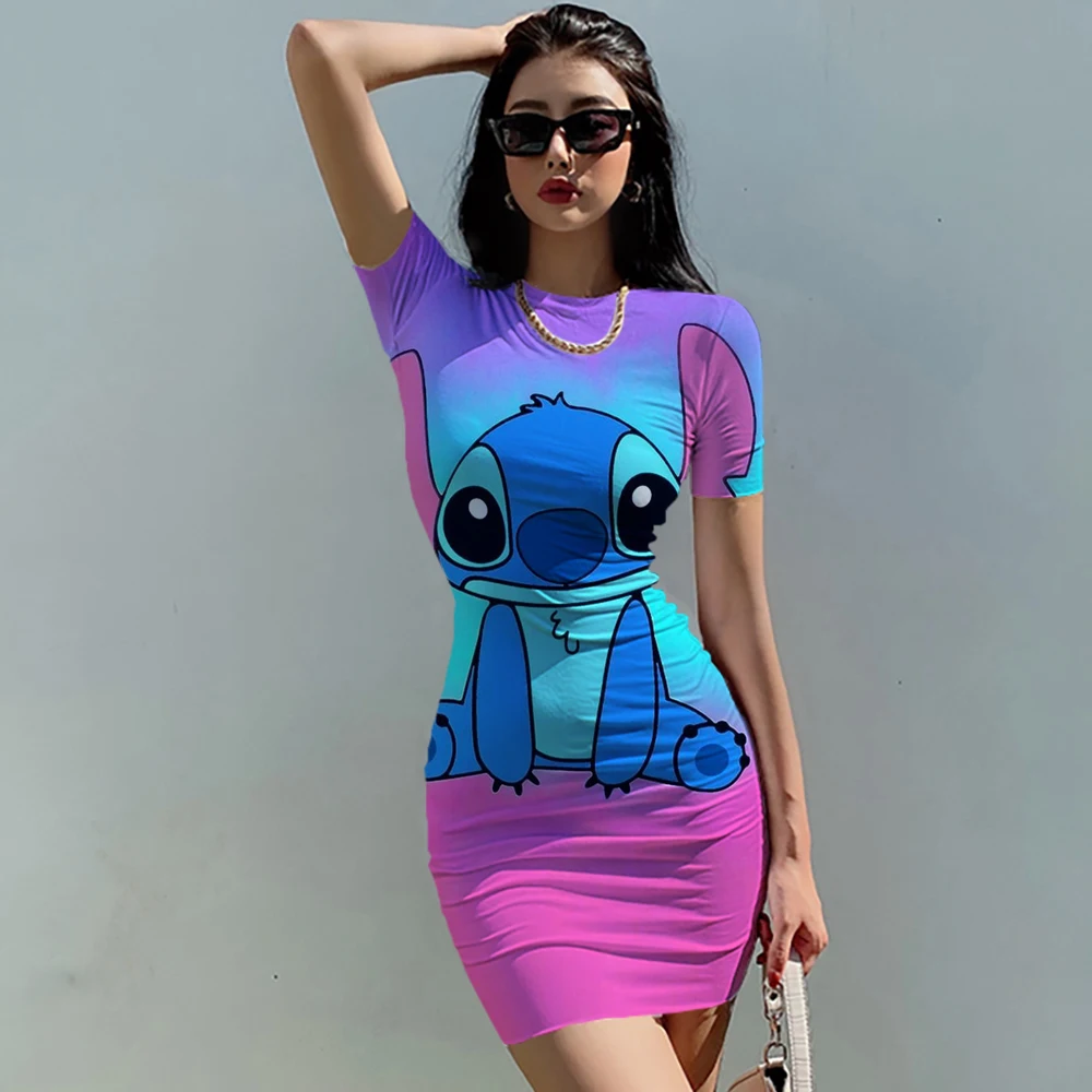 Elegant Dresses for Women 2024 Top Sexy Slim Fit Tight Women's Dress Casual Disney Stitch Cartoon Fashion Print Mickey S-5XL