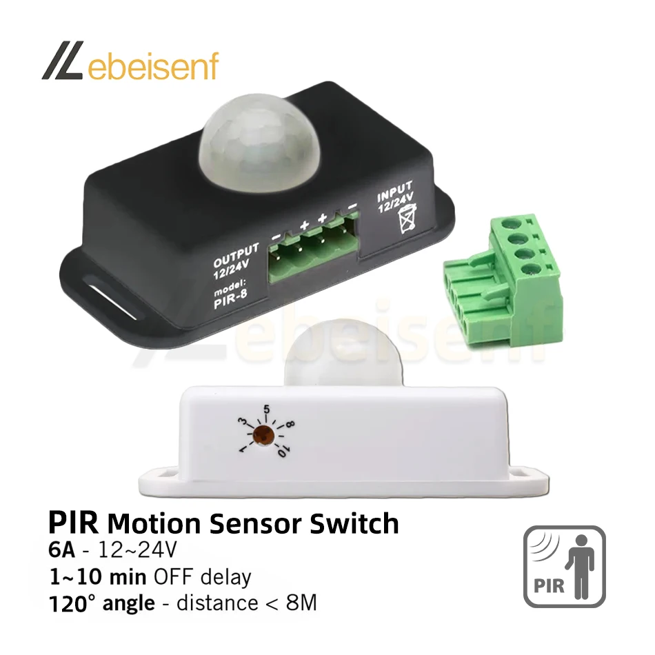 PIR Motion Sensor Dimmer Switch DC 12V 24V 6A 1-10 min Off Adjustable Black White Plastic Case for LED Single Color Strip Lights