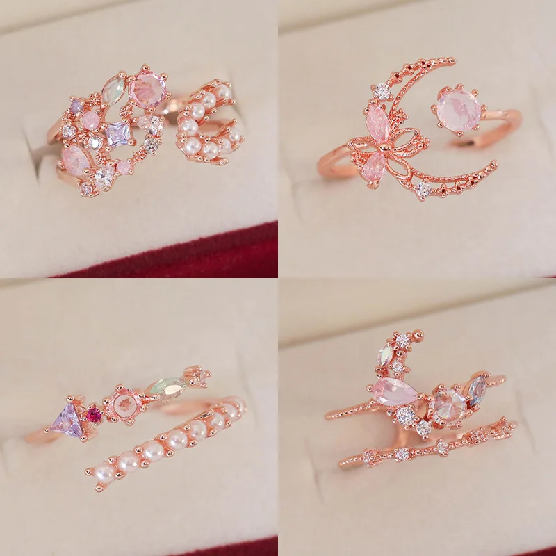 South Korea Fashion New Moon Simple Open Ring Sweet Pearl Flower Elegant Ring Women Jewelry