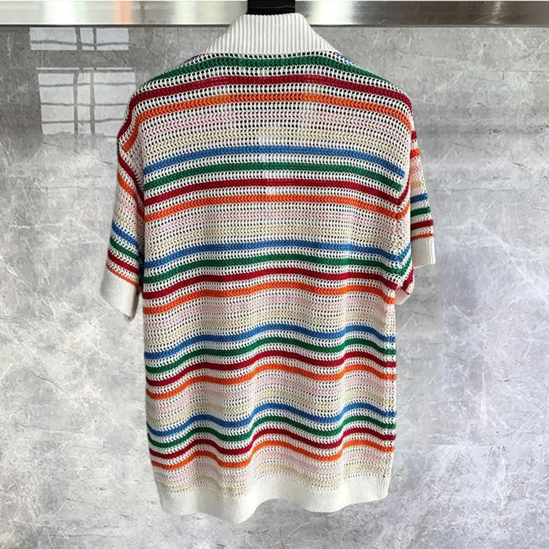 Casual Cardigan Shirt Loose Top Quality Color Stripe Contrast Stitching Short-sleeved Hollow Out Knitting Shirt Beach Holiday