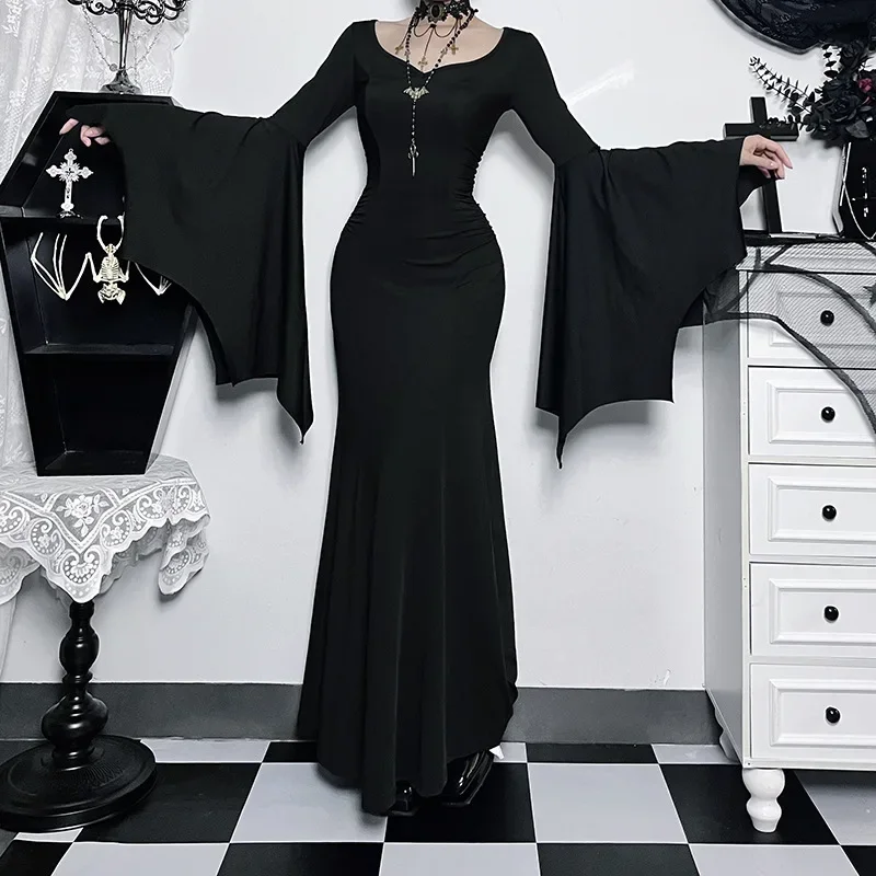 

Vintage Gothic Summer Bat Sleeve Temperament Slim Dress Dark Y2K Retro Punk Adams Family Women's Fishtail Sexy Dresses Costumes