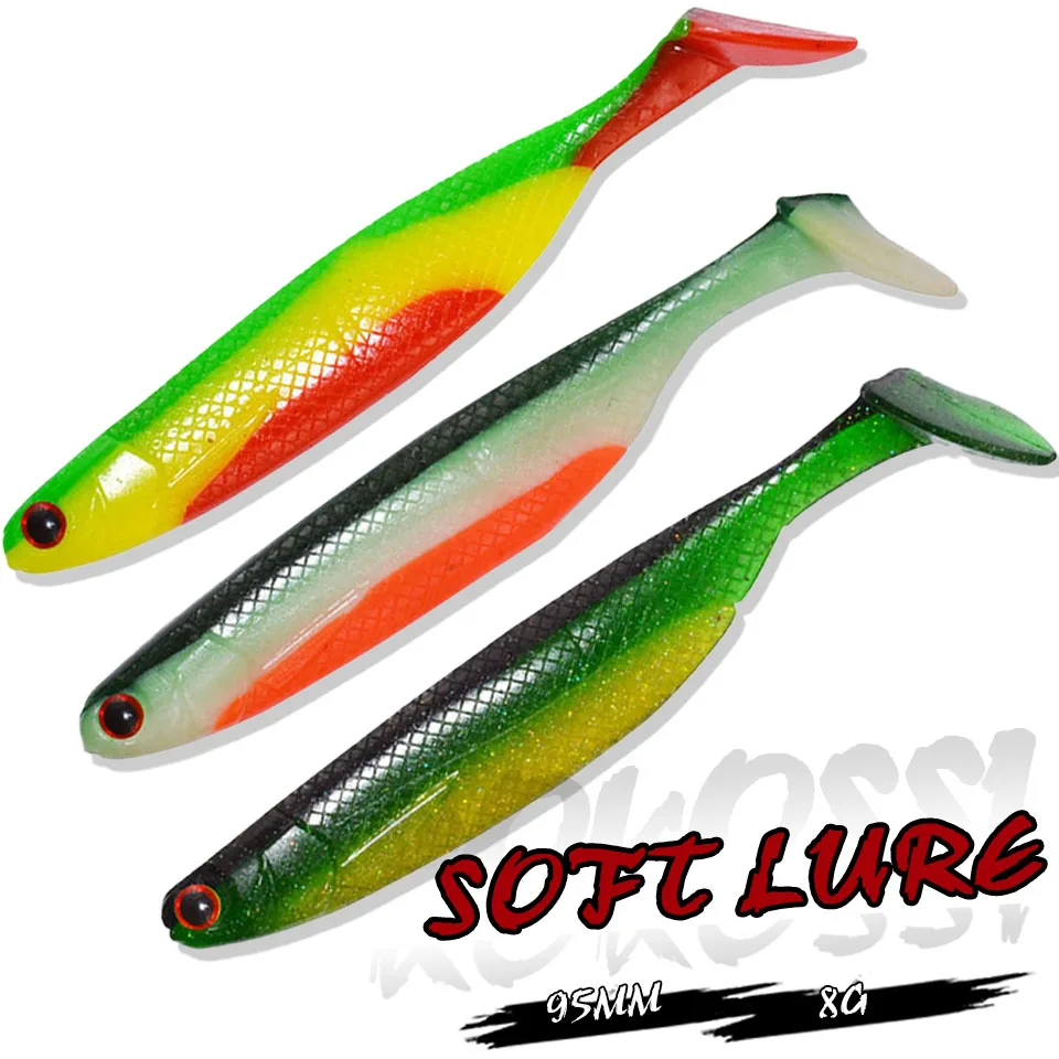 KoKossi 3PCS/LOT Soft Fishing Lure 95MM/8G 3D Eye T-Tail Colorful Silicone Swimbait Artificial Wobblers Fishing Tackle For Bass