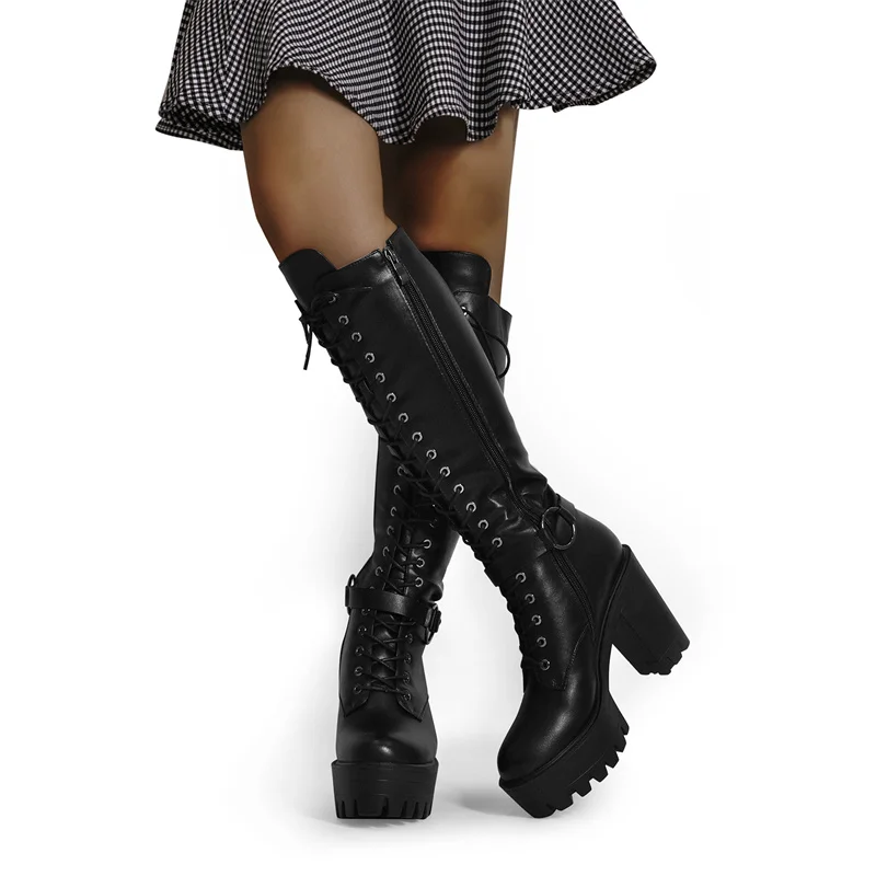 Onlymaker Women Black Matte Platform Front Lace-Up Side Zip Knee High Boots Lady Fashion Classic Big Size Winter Boots