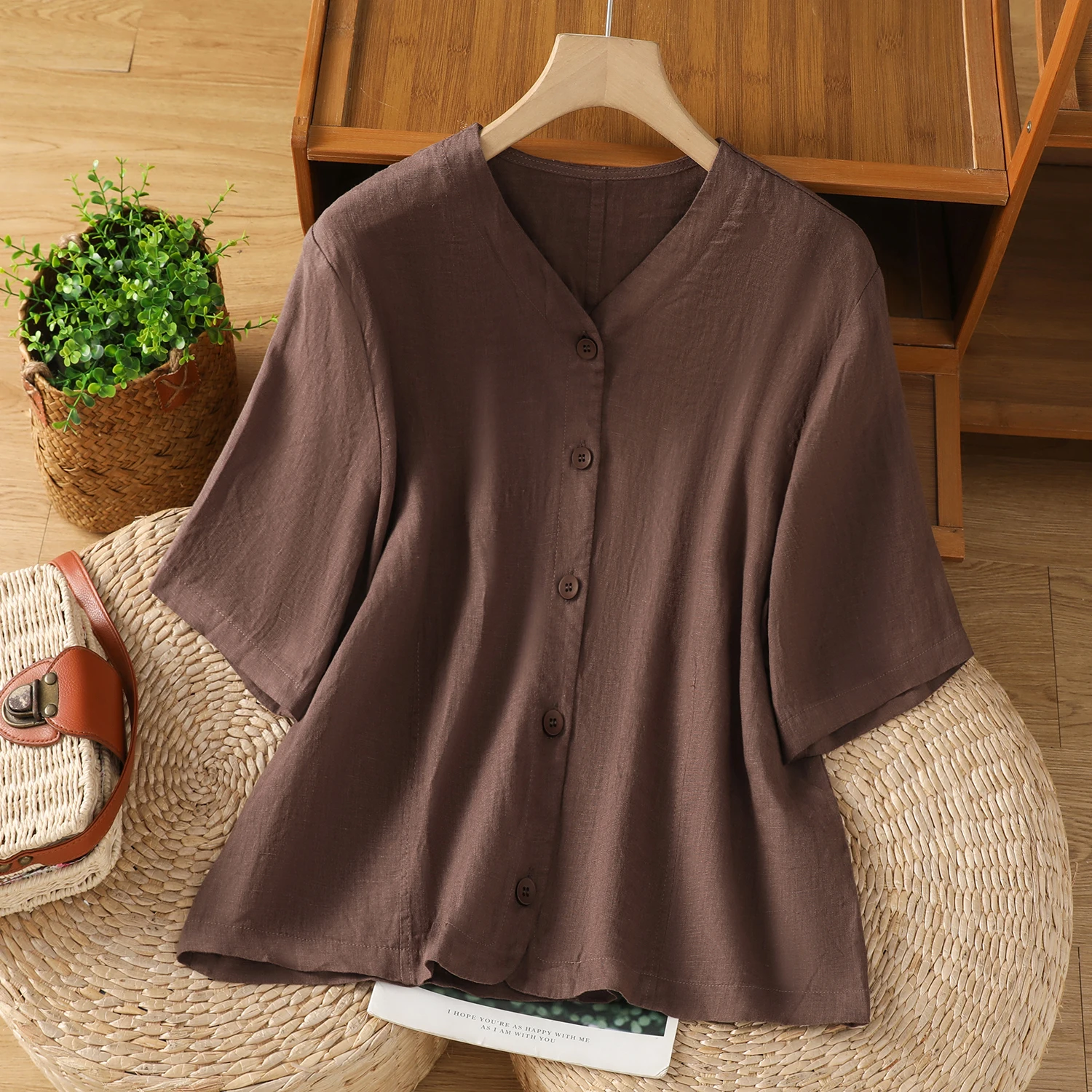 Casual Cotton Linen irt Women's Pure Color V-ne Mid-sve Single-button Coat Open Cardigan Top Commute Sle Loose Fit