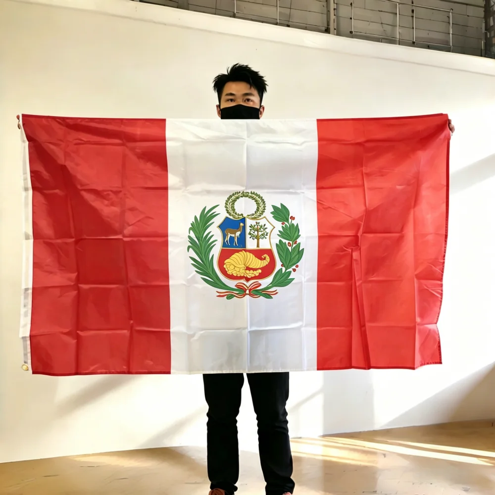 FlagGo Peru Flag 150x90cm 3x5 FT Red White Red Vertical Stripes Coat of Arms Polyester Double Stitched Outdoor Indoor Decoration