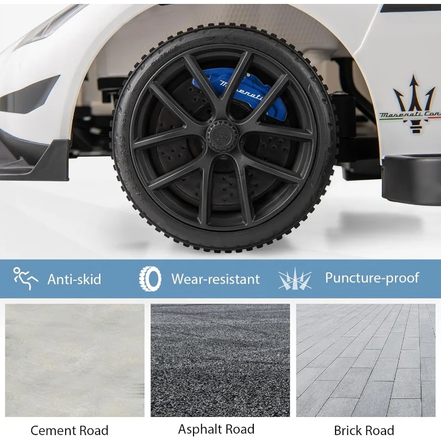 Samochodzik elektryczny dla maluchów Maserati z licencją, 6V, z klaksonem, muzyką, światłami i schowkiem pod siedzeniem, zasilany bateryjnie, do pchania.