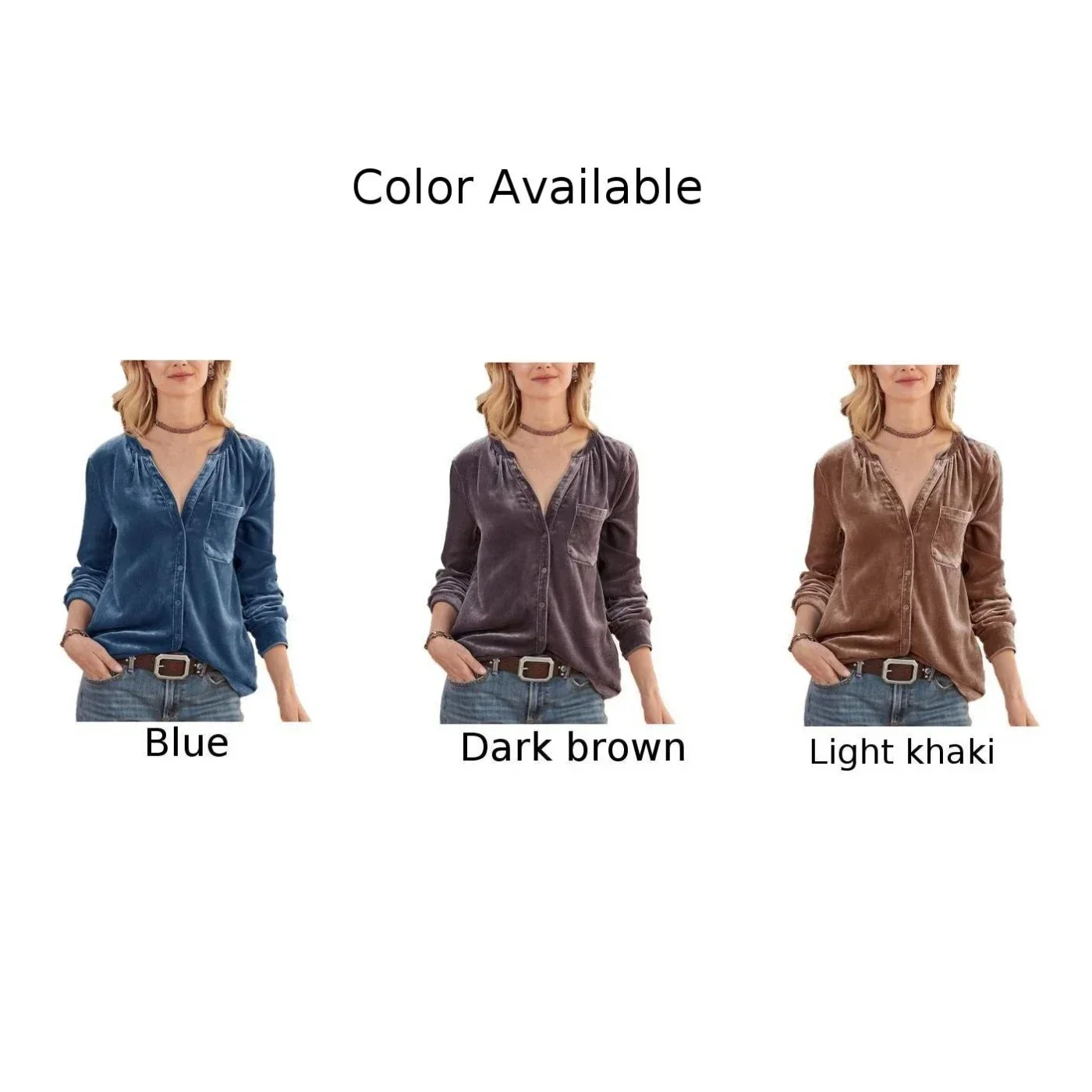 Fashion Velvet Blue Blouse Tops for Women  V neck Button Down Shirt  Long Sleeve Solid Color for Autumn Daily Wear