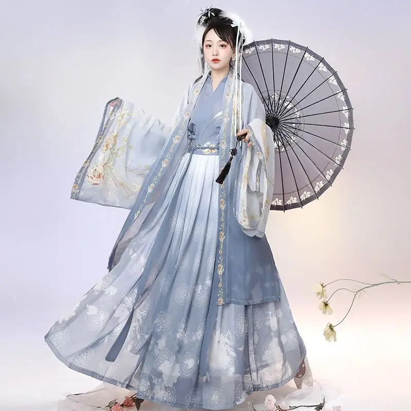 XL จีน Hanfu ชุดผู้หญิง Carnival Cosplay เครื่องแต่งกายโบราณแบบดั้งเดิม Hanfu ชุดสีเขียวและสีฟ้าพิมพ์ชุดเต้นรํา Plus