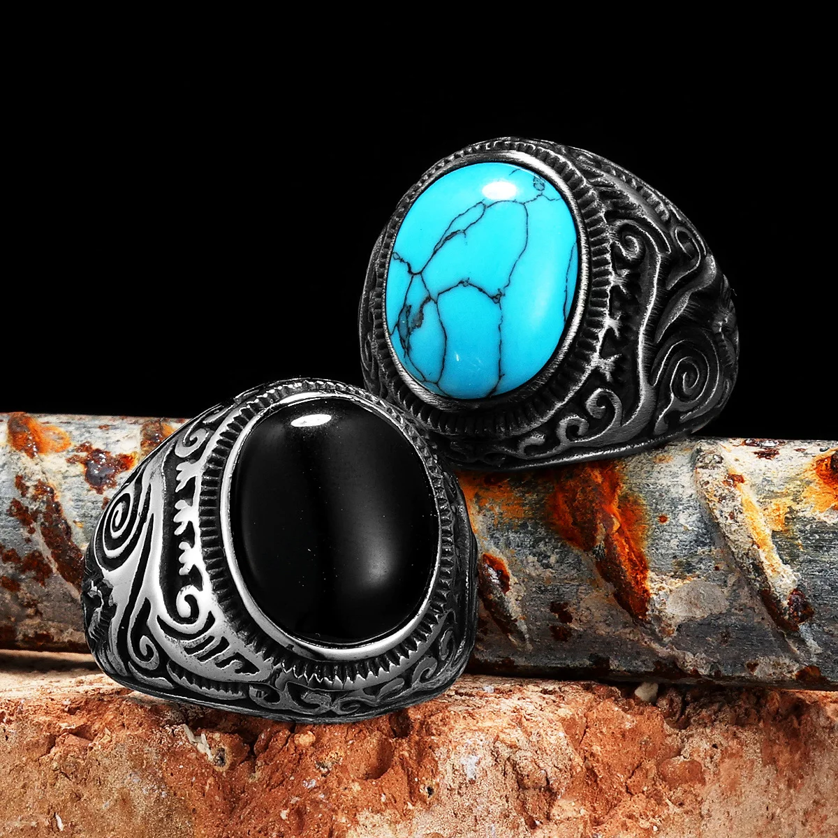 Vintage Black Turquoise Carved Men Rings Stainless Steel Punk Rock Luxury Fashion Jewelry Accessories For Women Gift Wholesale