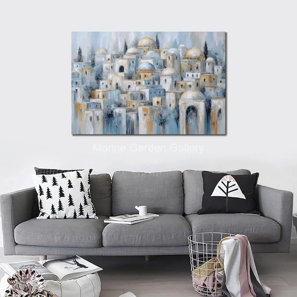 Hand-Painted Judaica Oil Painting Jerusalem Cityscape Abstract Holy Land Canvas Art Jewish Modern Wall Decor for Living Room