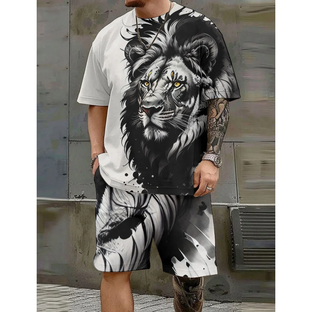 

Fashion Men's Summer Suit Funny 3D Lion Print Tees +Shorts Two Piece Street Hip Hop Sports Sets of Men Daily Casual Loose Outfit