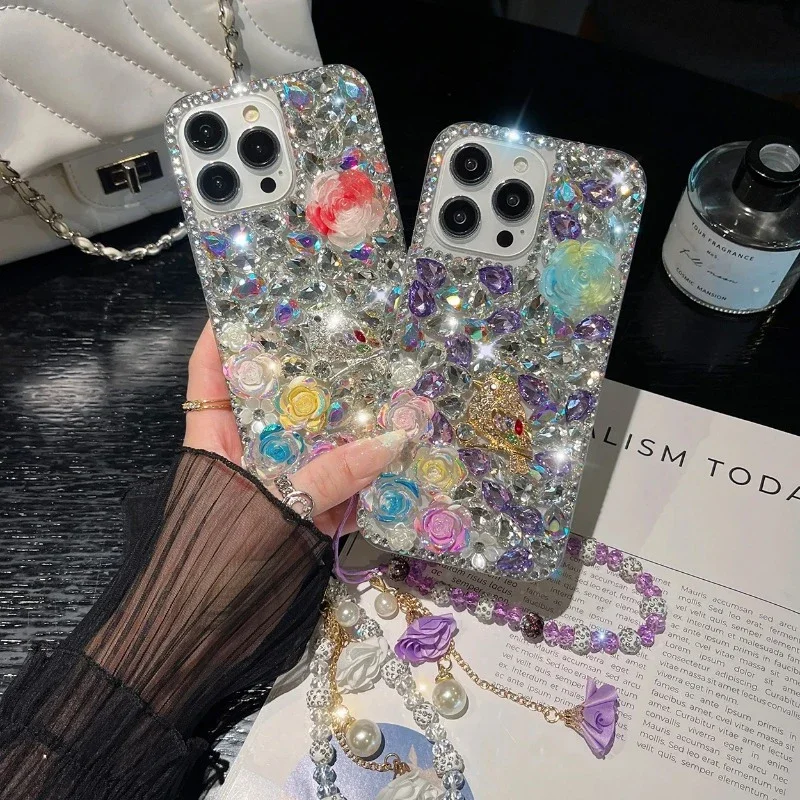 

Bling Luxury Rhinestone Mobile Phone Cases for iPhone, 16Plus 15, 14, 13, 12, 11 Pro Max, Xr with Beaded Straps, Lanyard