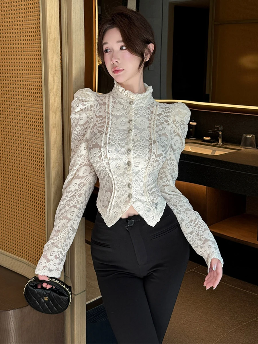 Elegant Lace Bubble Sleeve Shirt Women's Fashion Court Style Hook Flower Base Layer Top Polyester Fiber Long Sleeve Short Model