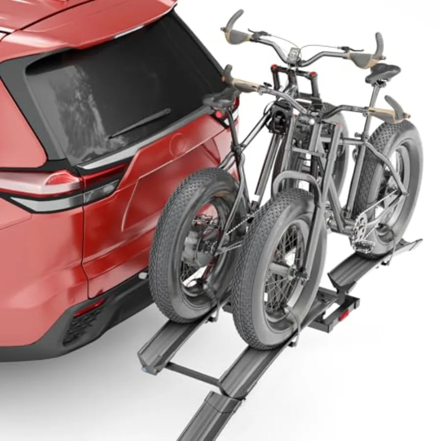 

Foldable EBike Rack with Ramp for 2 Heavy Ebikes: Steel, Black, Fits 5'' Fat Tires, XXL Wheel Straps, Lockable Tiltable for Car