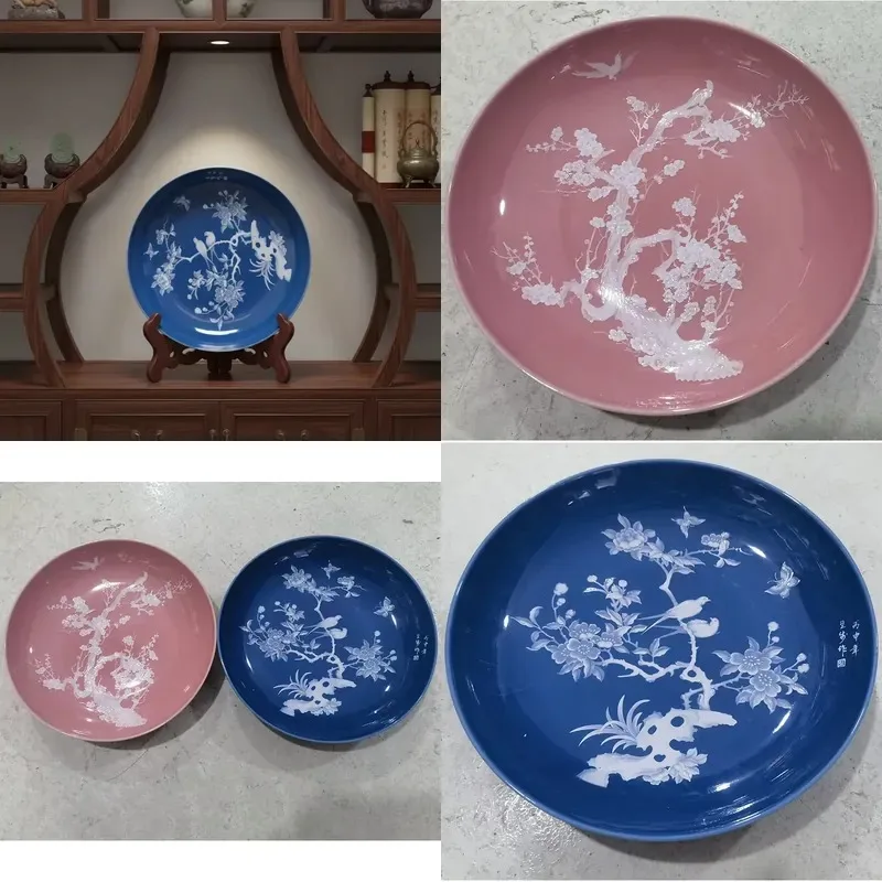 Jingdezhen Hand Carved Blue Pink Traditional Chinese Auspicious Pattern Durable 10 Inch Ceramic Decorative Plate