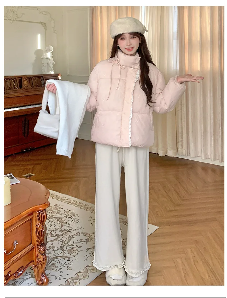 Sweet Pink Bow Stand Collar Puffer Jacket Women Korean Lace Spliced Thick Outerwear Students Winter Warm Cropped Cotton Jackets