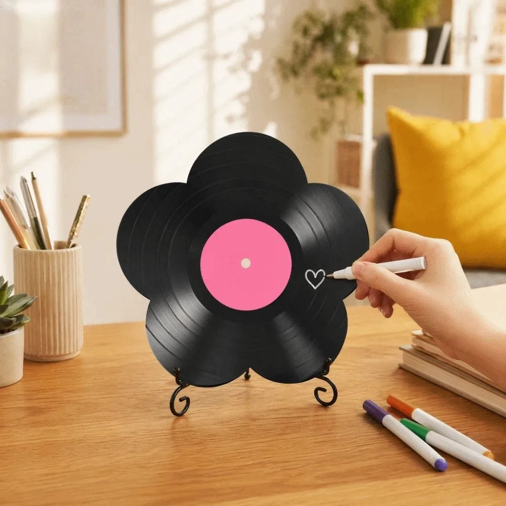 Creative Flower Shape Vinyl Record Ornament Decorative Art DIY Graffiti Disc with Mark Pens Iron Rack Acrylic Decoration Bedroom