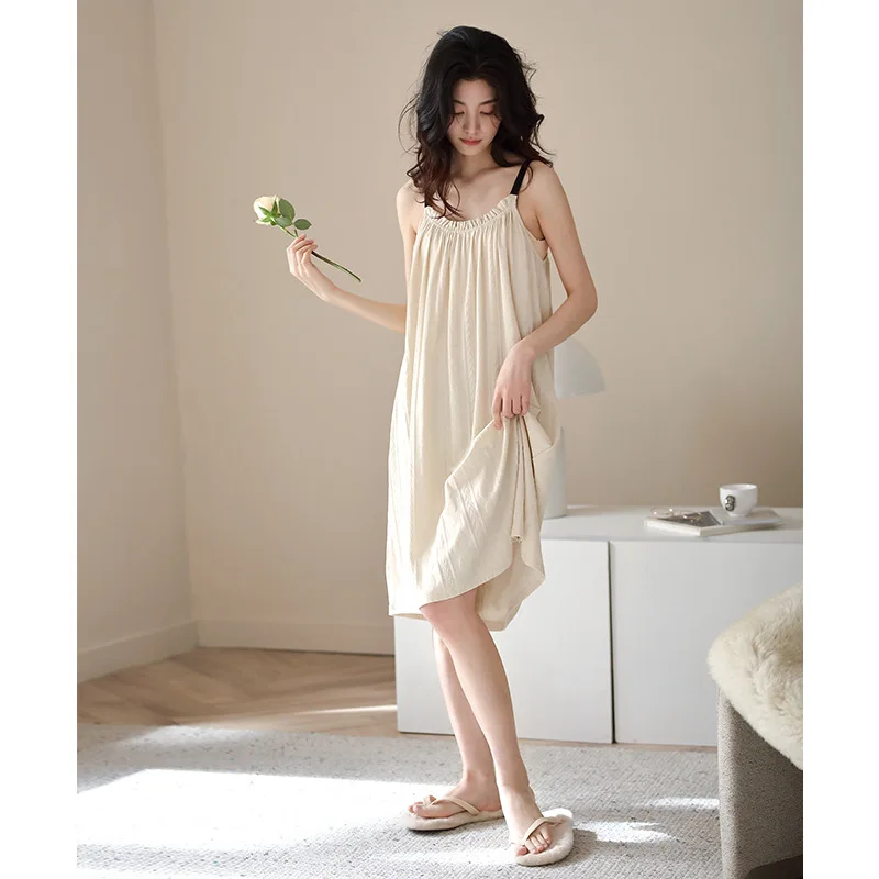 

Female Pure Cotton Nightgown Lady Sexy Spaghetti Strap Night Dress Women V-Neck Nighties Sleeveless Sleepwear Nightwear