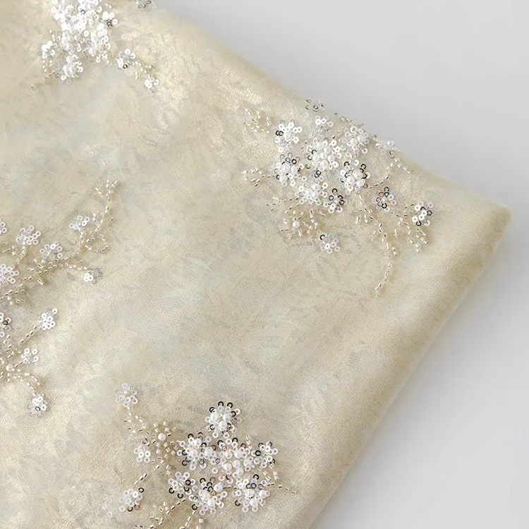 

1 yard nail bead sequin lace tela Wedding Dress Cheongsam Dress fabric for material Champagne colored organza sewing accessories
