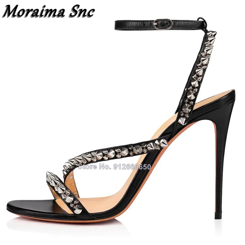 Moraima Snc Black Rivet Thin Heel Sandals Women Khaki Buckle Strap Open Toe Shoes on Heel Stilettos Super High Heel Sandals