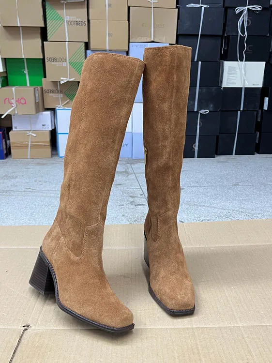 أحذية Faion النسائية من الجلد الطبيعي بسحاب جانبي ورأس مربع اللون وكعب عالٍ أحذية طويلة كورية مقاومة للماء