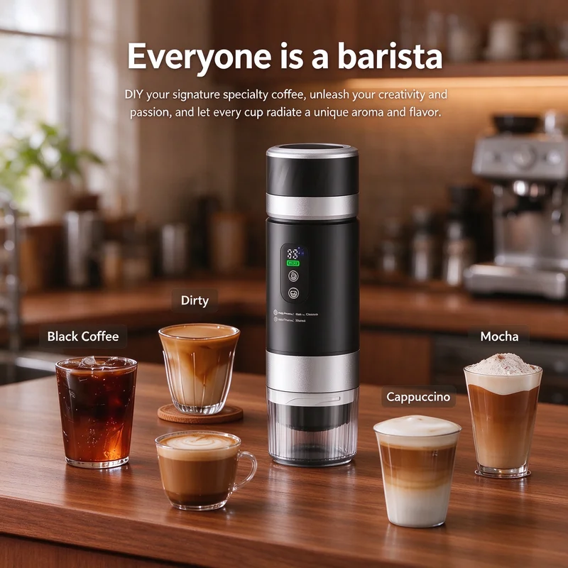 Portable Coffee Machine Compact Cordless Electric 19Bar Pressure Compatible with Ground Coffee Pod for Car Trip Hiking Travel