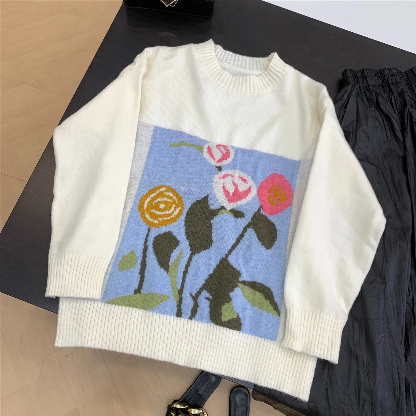 

Модный универсальный длинный женский свитер с принтом све, свободный утягивающий круглый свитер Ne, осенний новый Sle J3 Sweet Sle, прямой крой