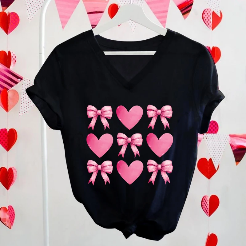 T-Shirt For Women Valentine's Day Clothing Pink Bow Heart Print T Shirts Short Sleeve V-Neck Female Coquette Valentine Tshirts