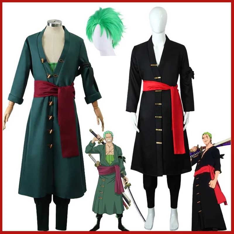 

Anime Piece Pirate Cosplay Costume Roronoa Zoro Kostum Two Year Later Wig Earrings Black Green Coat Belt Pants Kimono Party Suit